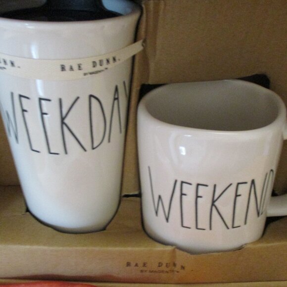 Rae Dunn 2 Piece WEEKDAY & WEEKEND Travel & Mug Set New in Box - Picture 6 of 6